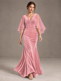 Navy Blue Velvet V Neck Mermaid Formal Dress with Flutter Cape Sleeves