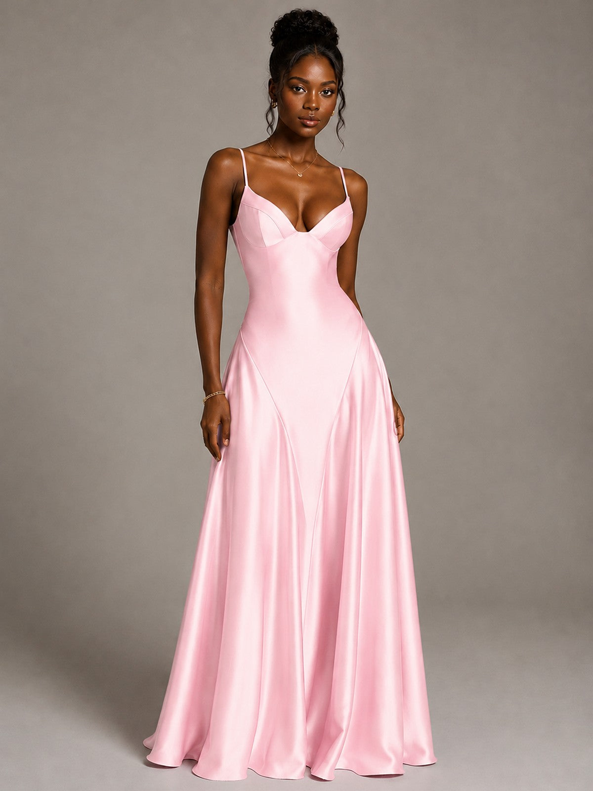 Lavender V Neck Satin Prom Dress with Spaghetti Straps