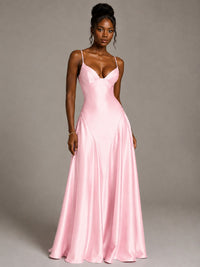 Lavender V Neck Satin Prom Dress with Spaghetti Straps