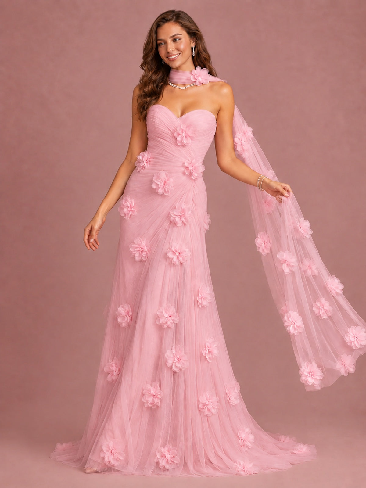 Blush Pink Strapless Sweetheart 3D Floral Tulle Mermaid Prom Dress