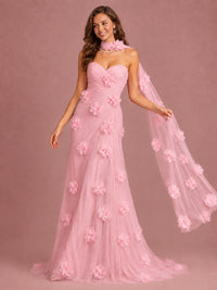 Blush Pink Strapless Sweetheart 3D Floral Tulle Mermaid Prom Dress