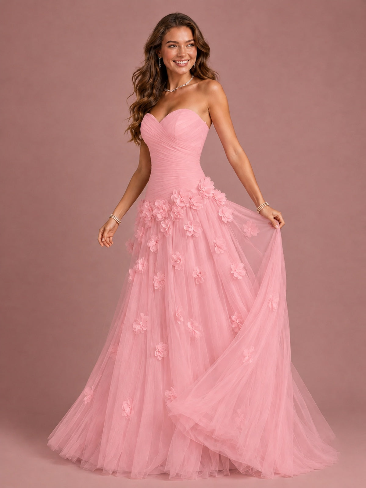 Blush Pink Strapless Sweetheart 3D Floral Tulle Ball Gown Prom Dres