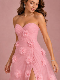 3D Floral Applique Strapless Tulle Prom Dress with High Slit