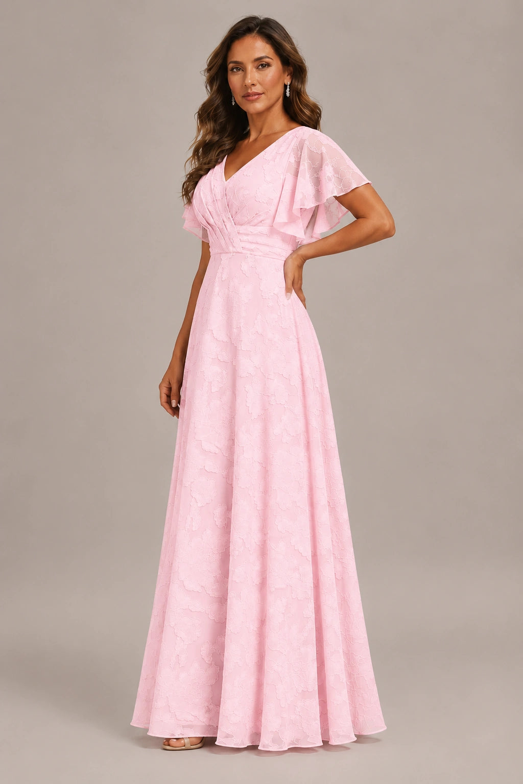 Jovellee Floral Chiffon A-Line Mother of the Bride Dress with Flutter Sleeves