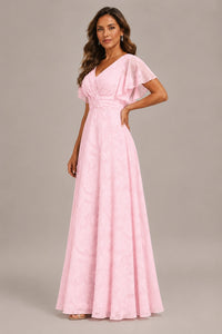 Jovellee Floral Chiffon A-Line Mother of the Bride Dress with Flutter Sleeves