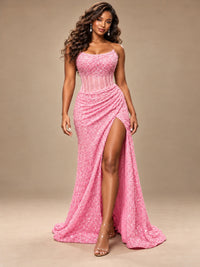 Gold Sequin Strapless Corset Prom Dress with High Slit