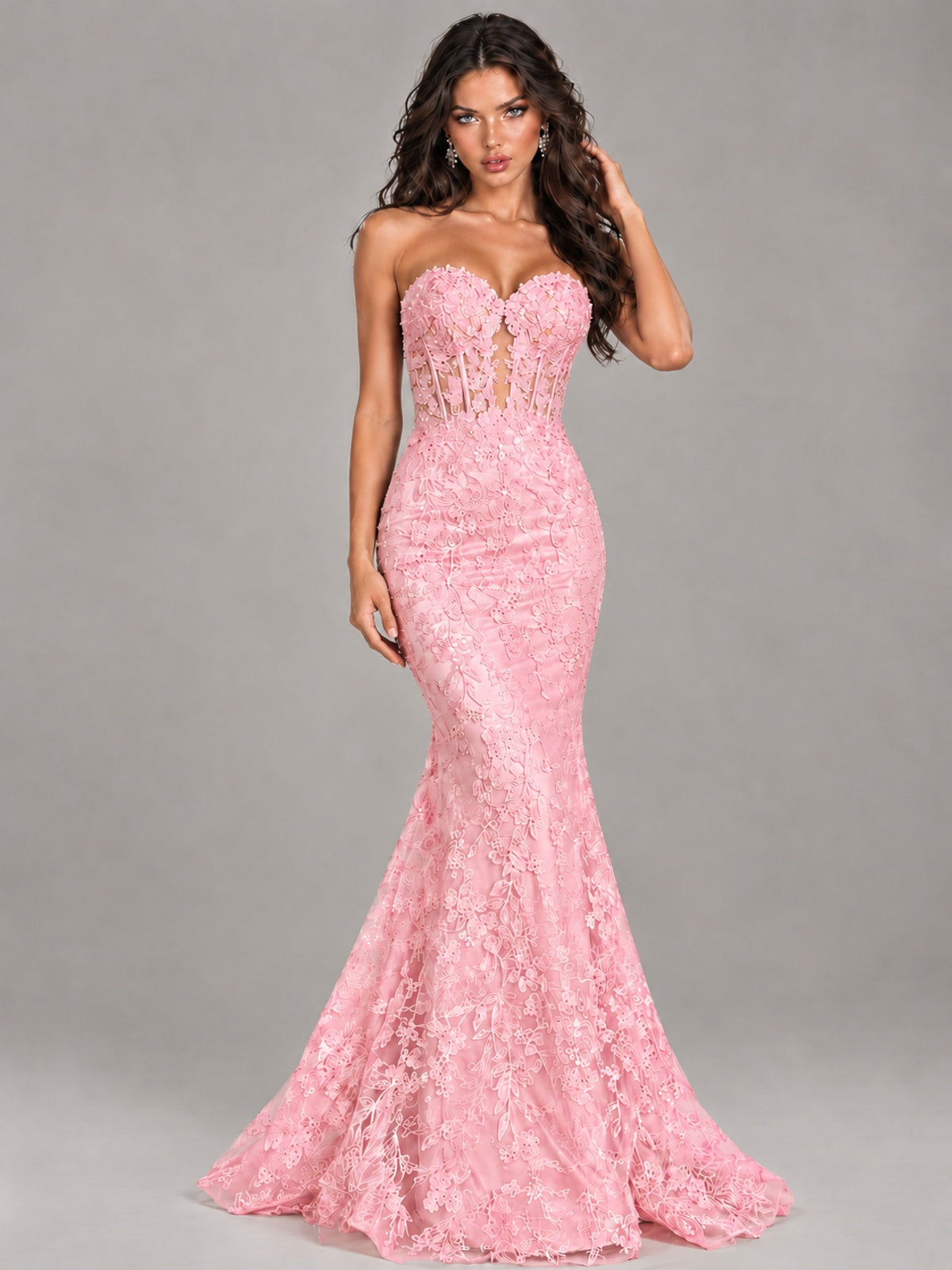 Strapless Corset Mermaid Prom Dress Lace Appliqué Formal Gown