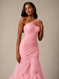Blush Pink One Shoulder 3D Floral Mermaid Prom Dress