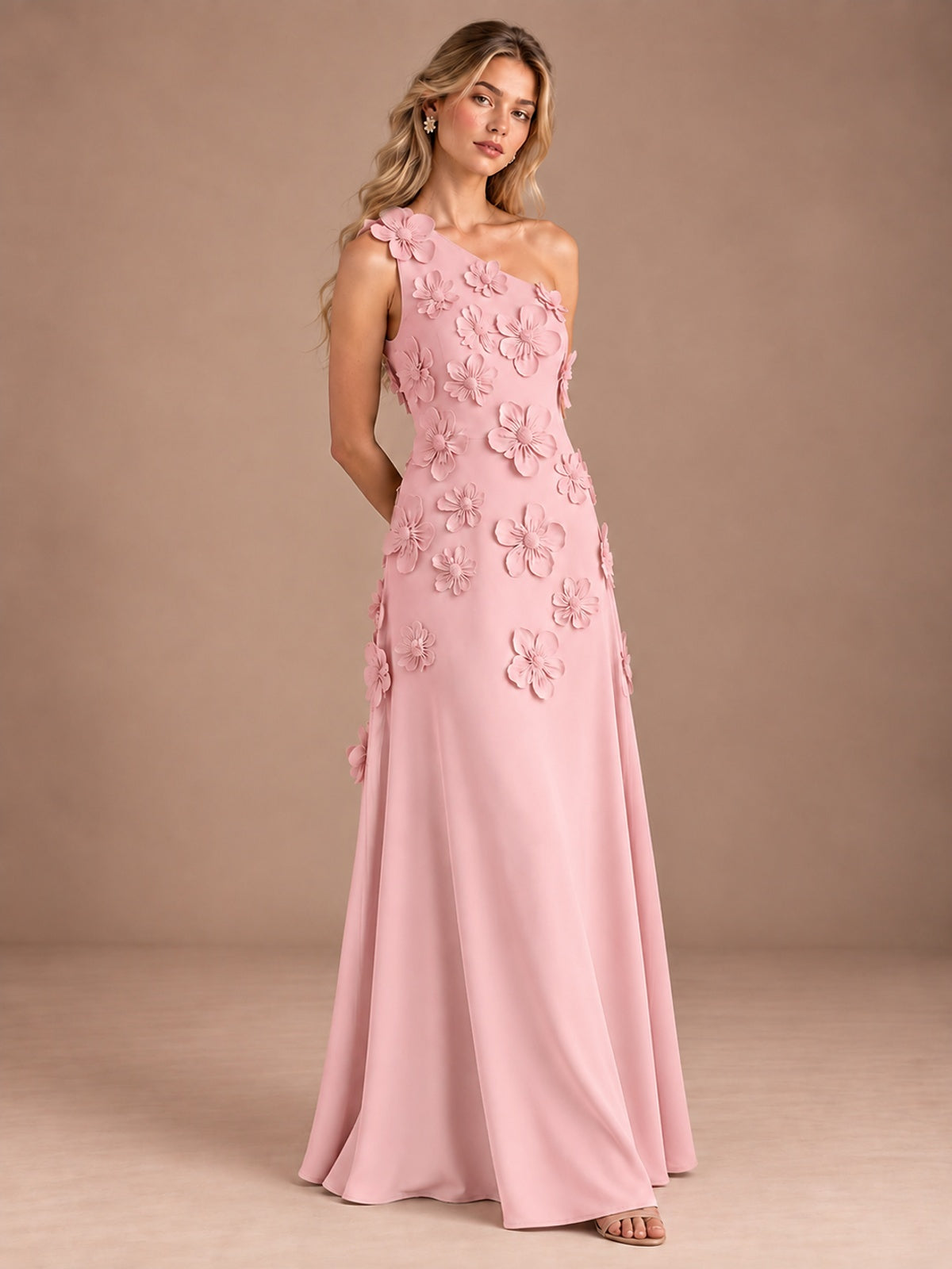 Sage Green One Shoulder Satin Formal Maxi Dress with 3D Floral