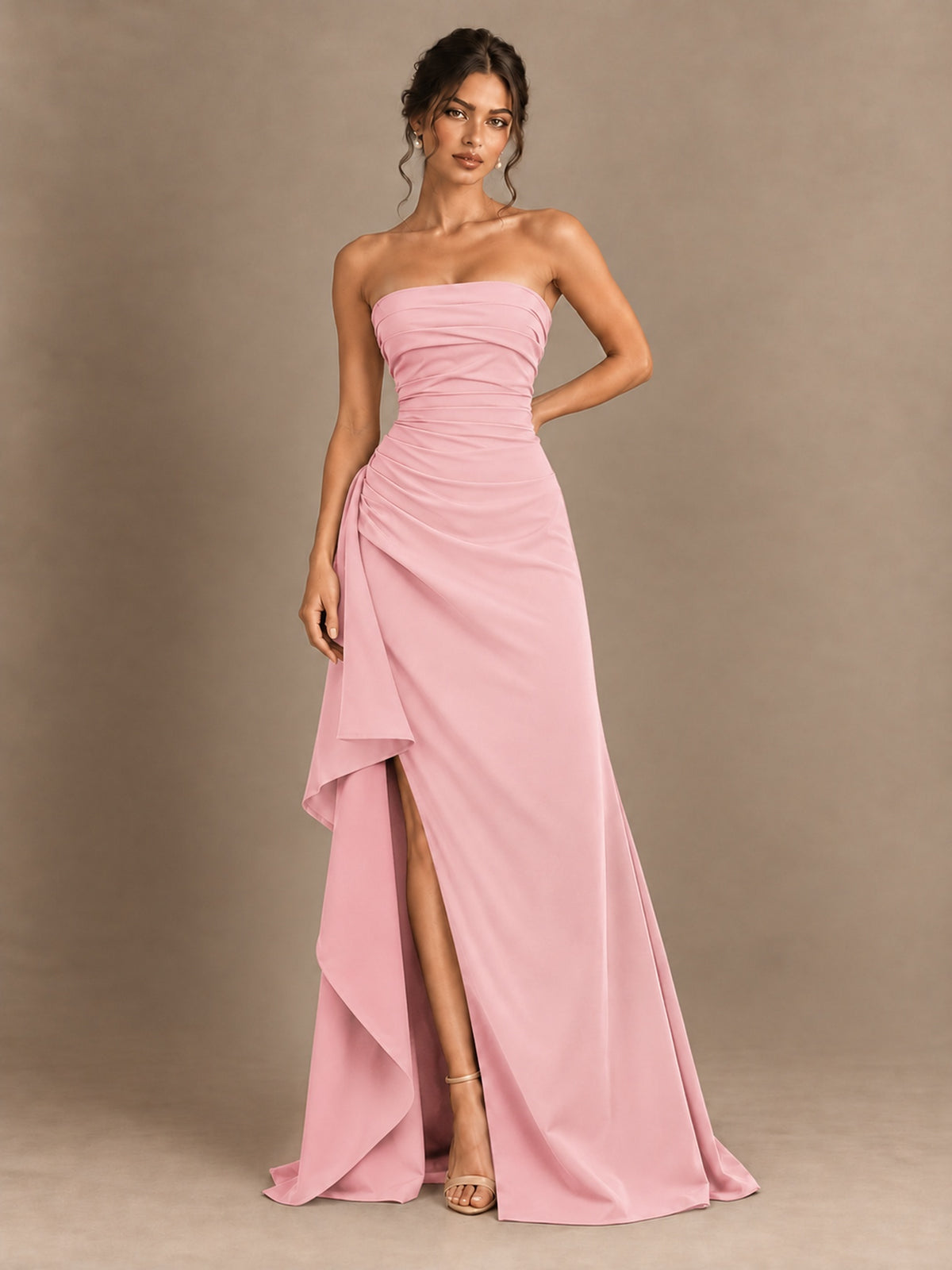 Black and White Strapless Ruched Prom Dress with High Slit & Side Drape
