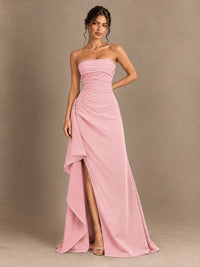 Black and White Strapless Ruched Prom Dress with High Slit & Side Drape