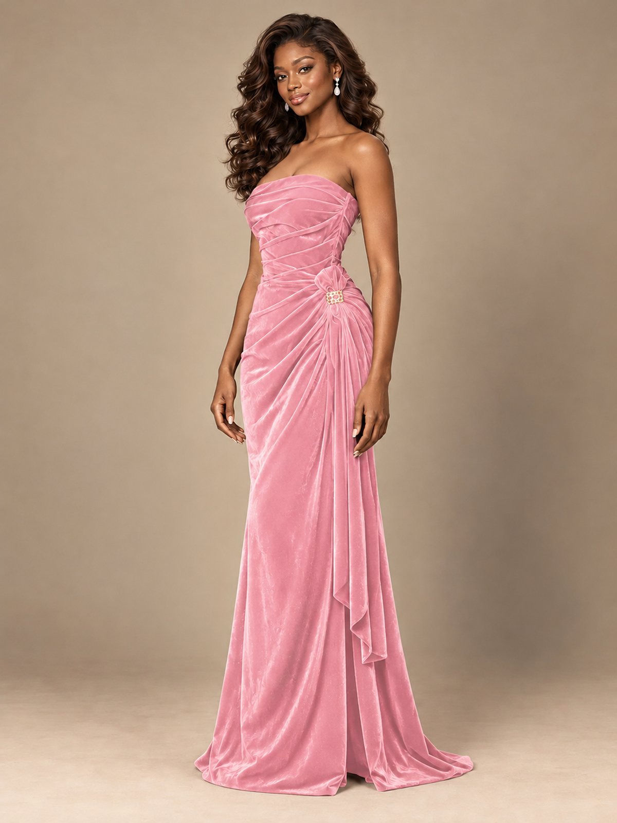 Burgundy Velvet Strapless Ruched Prom Dress with Jeweled Side Drape