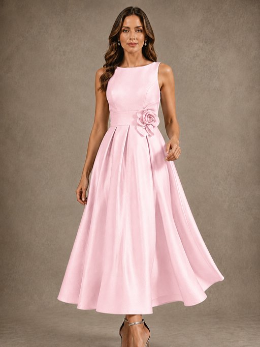 Tea-Length Satin Mother of the Bride Dress with 3D Flower Detail