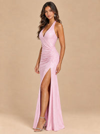 Halter V-Neck Sequin Mermaid Prom Dress with High Slit