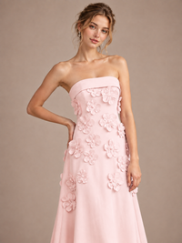Yellow Strapless 3D Floral Appliques Maxi Dress