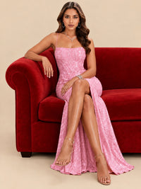 Sequin Lace Appliques Mermaid Prom Dress Spaghetti Strap Formal Gowns with Slit