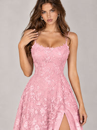 Floral Lace A-Line Prom Dress with Spaghetti Straps & High Slit