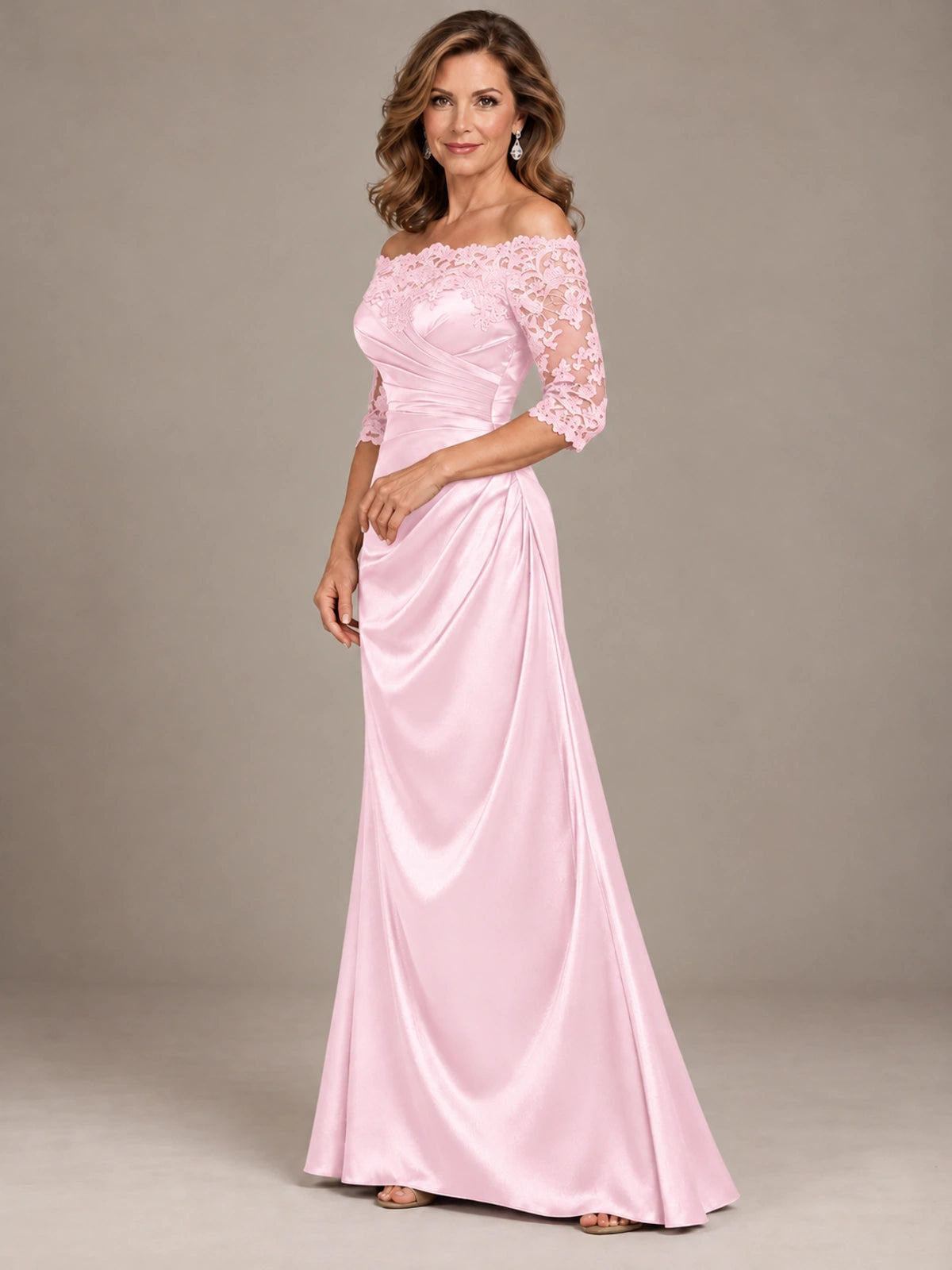 Satin Mother of the Bride Dress with Lace Sleeves Off Shoulder Formal Gown