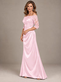 Satin Mother of the Bride Dress with Lace Sleeves Off Shoulder Formal Gown