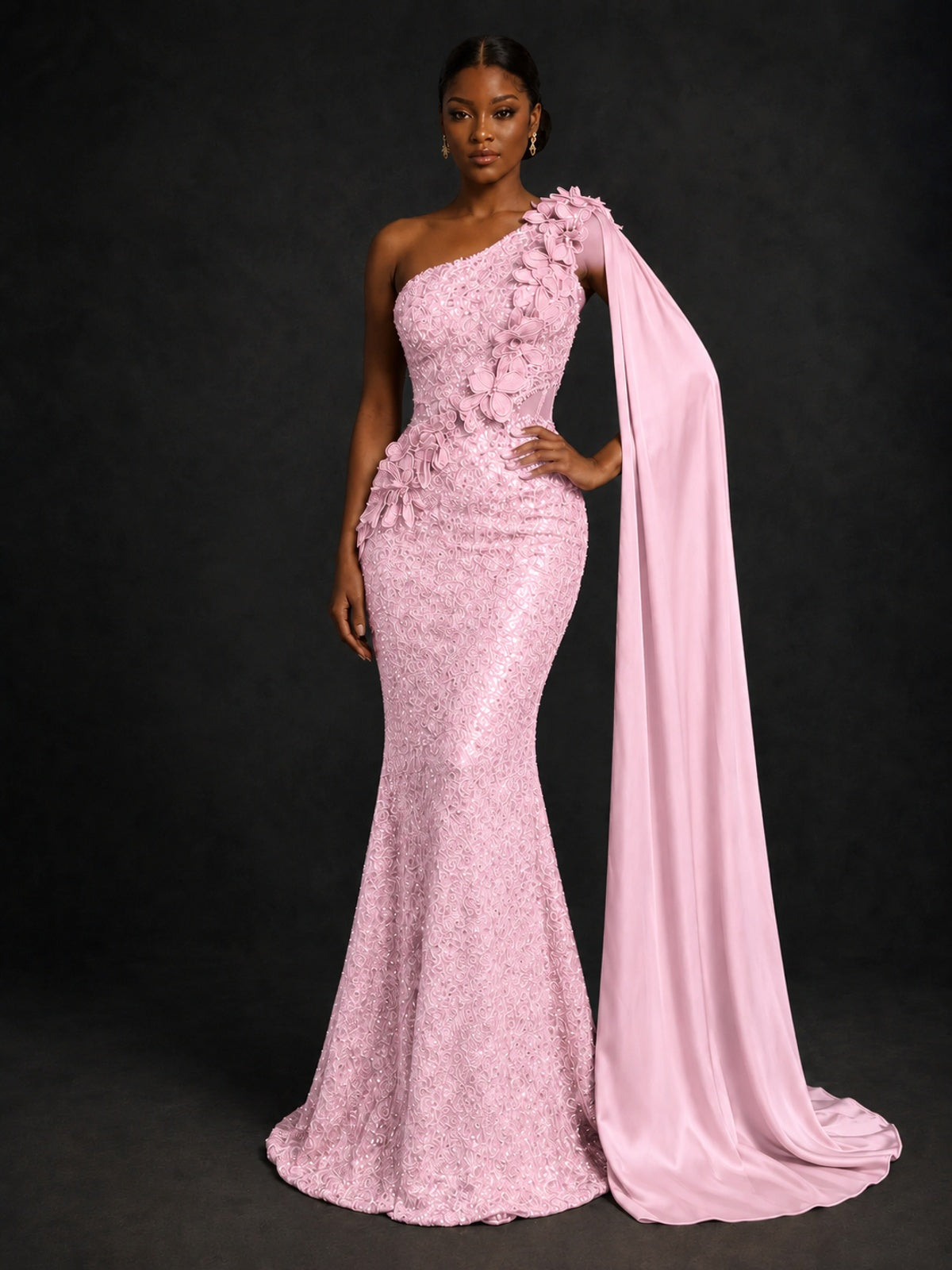 Gold Sequin One Shoulder Mermaid Prom Dress with Cape