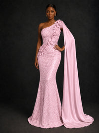 Gold Sequin One Shoulder Mermaid Prom Dress with Cape