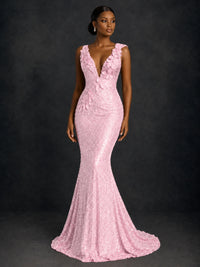 Gold Sequin Floral Applique Mermaid Prom Dress