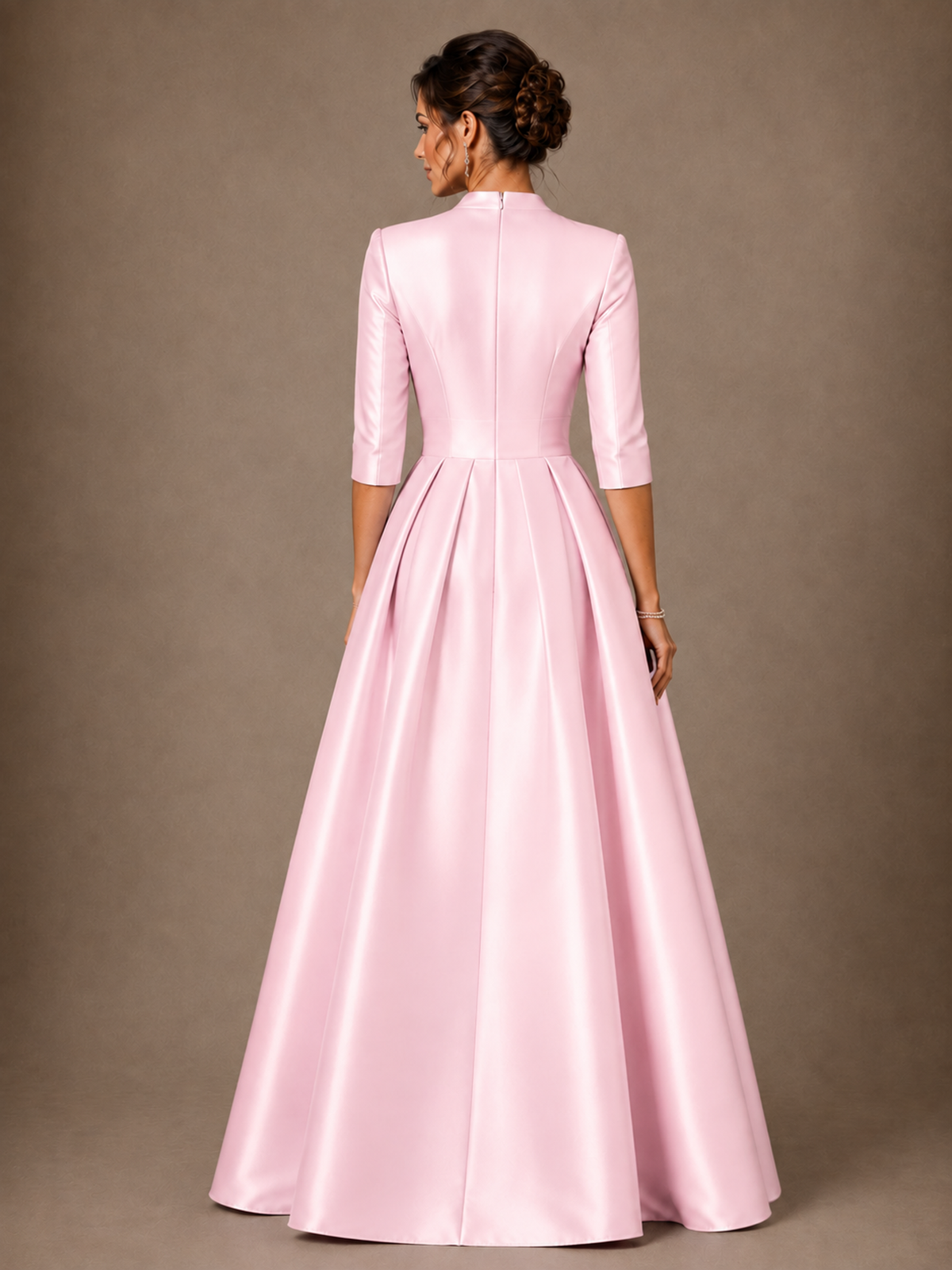 V-Neck Pleated Satin Mother of the Bride Gown with 3/4 Sleeves