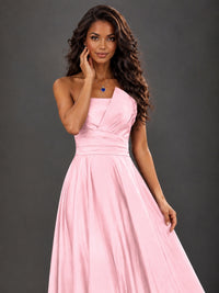 Draped Satin Prom Dress Strapless A-line Formal Dress Floor Length