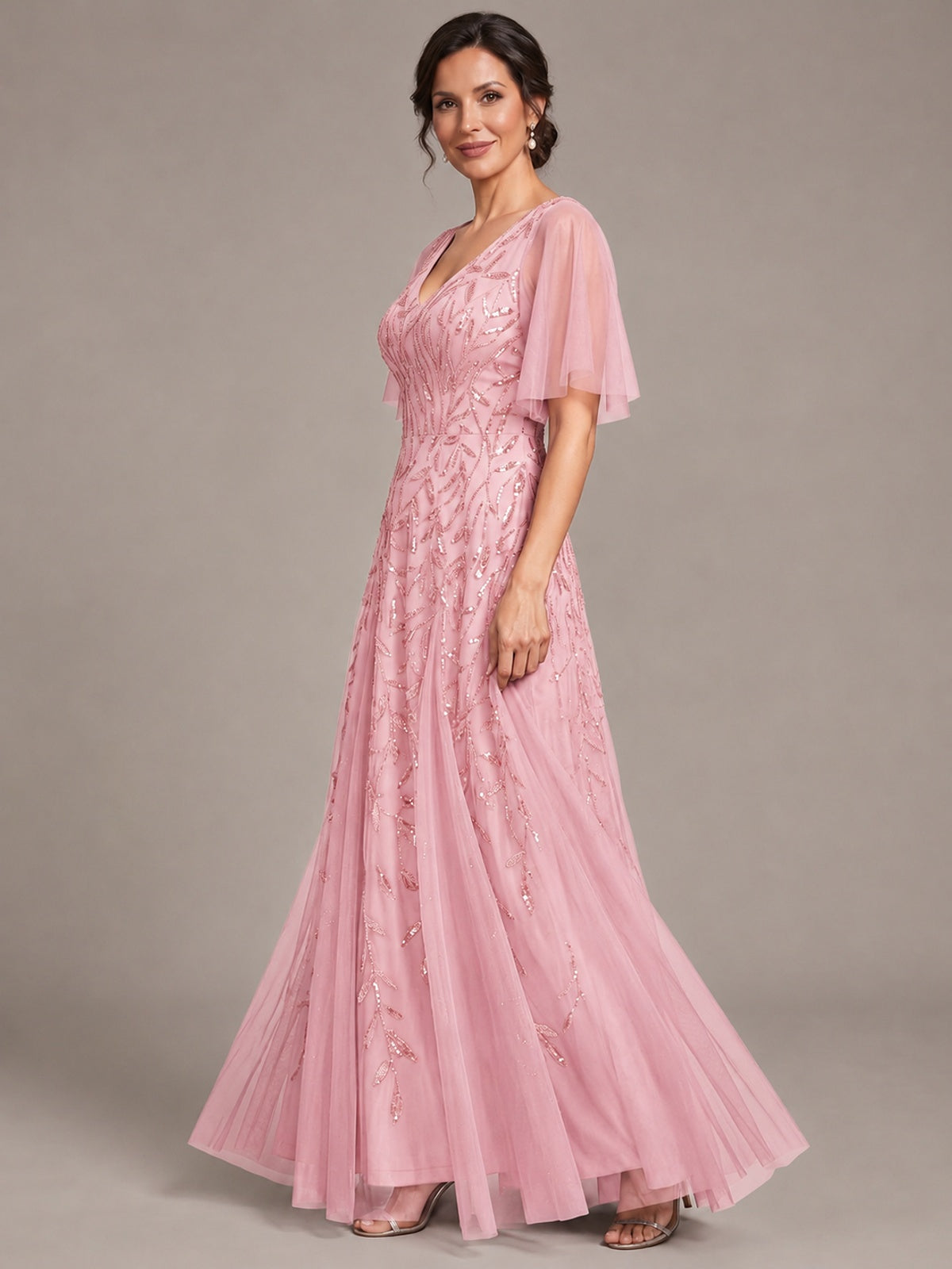 V-Neck Sequin Tulle Mother of the Bride Dress with Flutter Sleeve