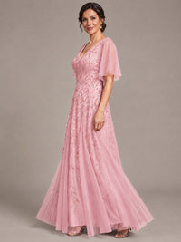V-Neck Sequin Tulle Mother of the Bride Dress with Flutter Sleeve