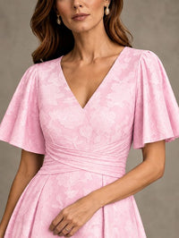 V-Neck Floral Jacquard Tea-Length Mother of the Bride Dress