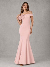 Blush Pink Off Shoulder Mermaid Bridesmaid Dress with Floral Rosette