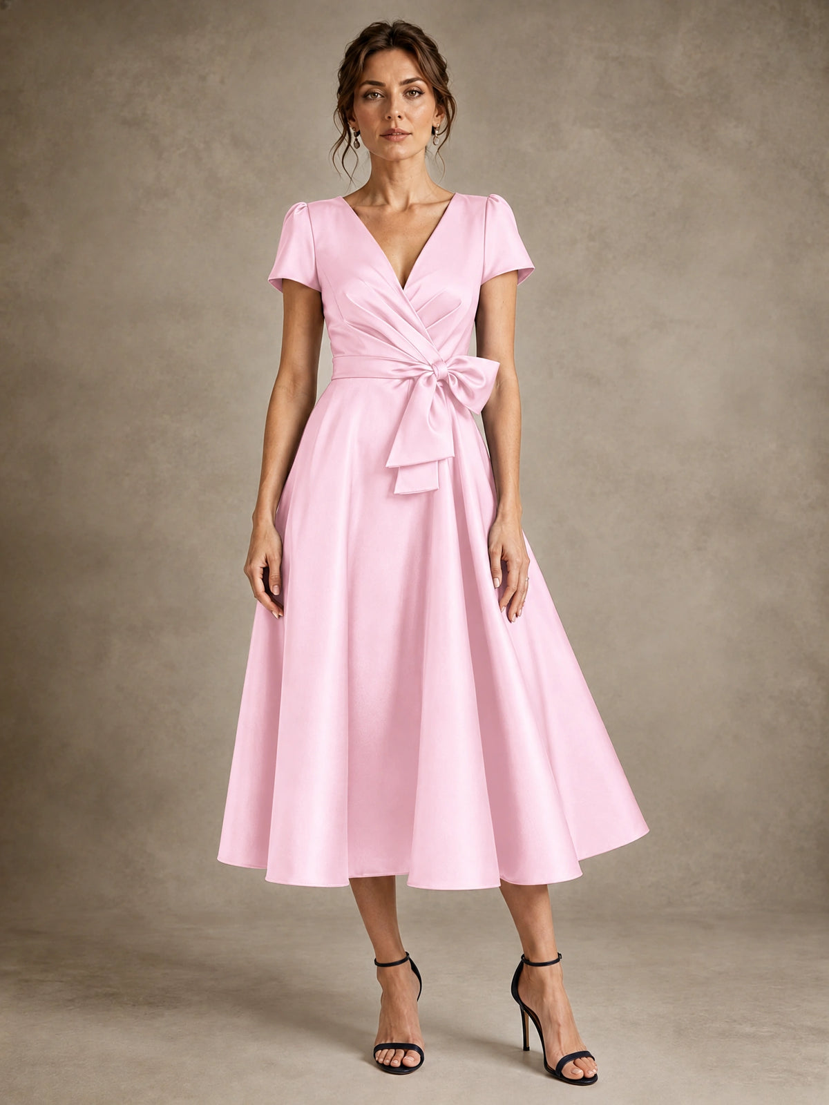 Pink V-Neck Tea-Length Satin Mother of the Bride Dress with Bow Jovellee