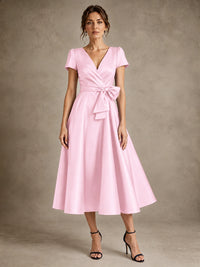 Pink V-Neck Tea-Length Satin Mother of the Bride Dress with Bow Jovellee