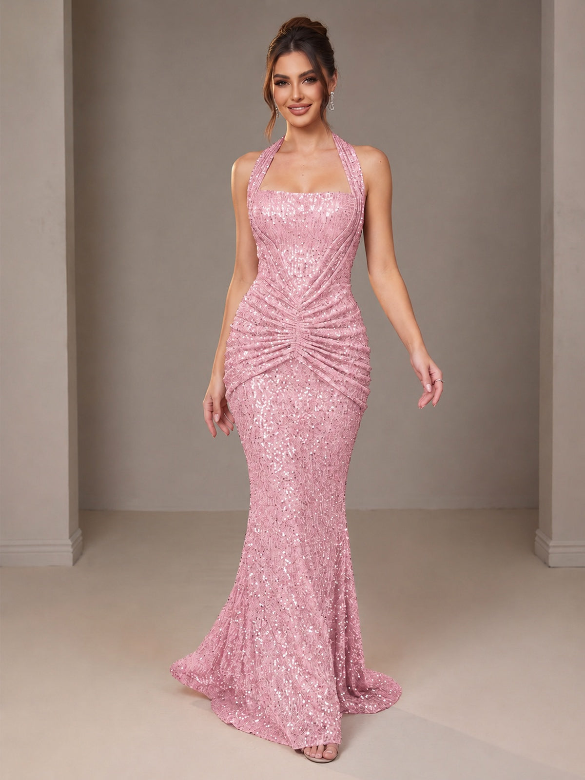 Gold Halter Sequin Mermaid Ruched Prom Dress Long Ruched Evening Gown