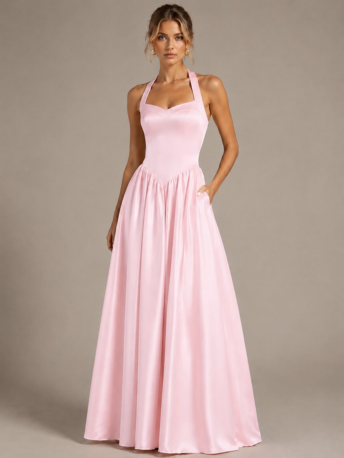 Light Yellow Halter Neck Satin A-Line Maxi Dress with Pockets