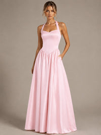 Light Yellow Halter Neck Satin A-Line Maxi Dress with Pockets