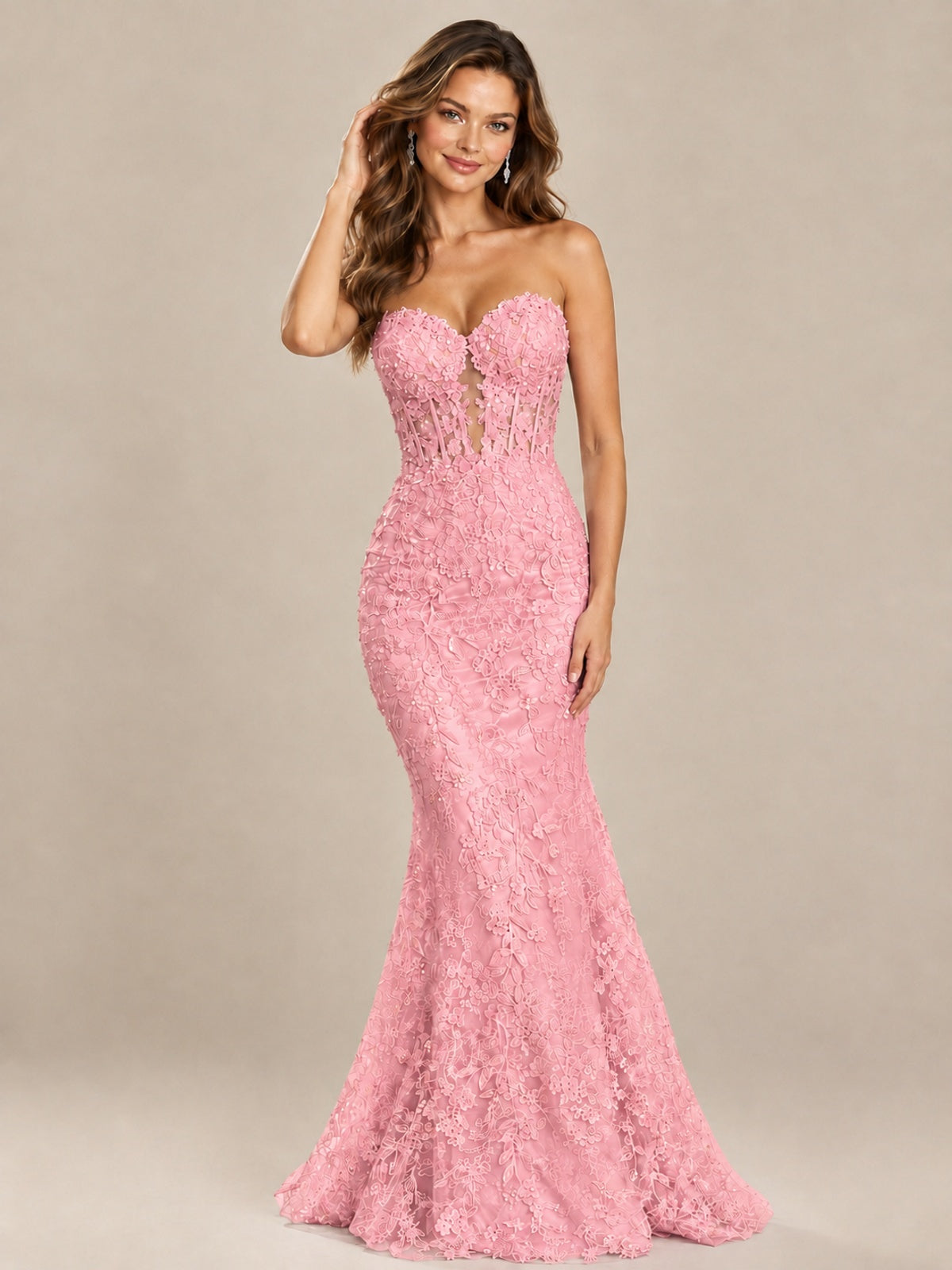 Strapless Corset Mermaid Prom Dress with Floral Lace Appliqué