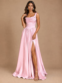 Cowl Neck Pleated Satin Prom Dress with Pockets & Slit Maxi Formal Gowns