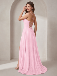 Sparkly Cowl Neck Corset Long Prom Dress with Slit A-line Tulle Ball Gown