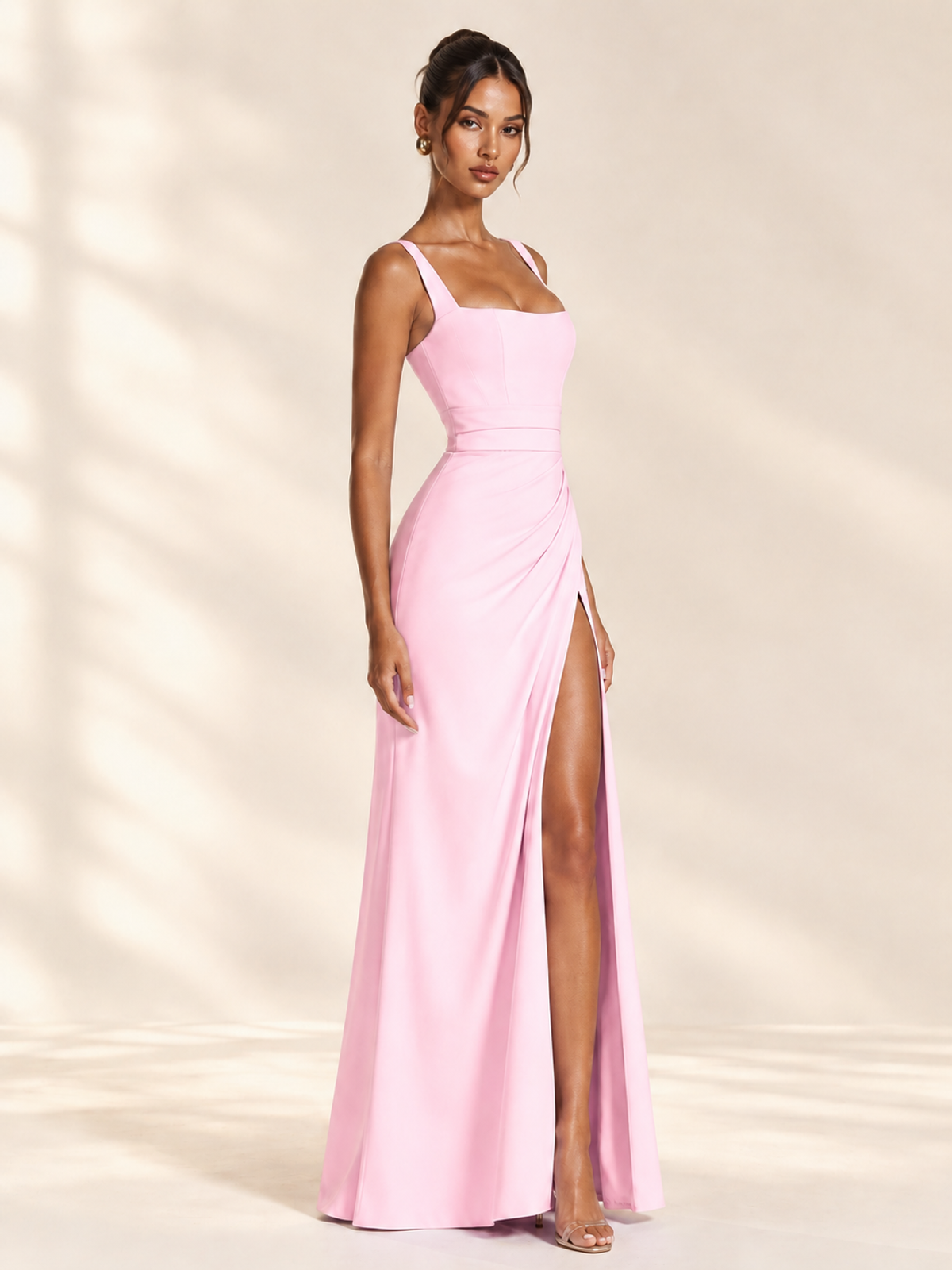 Square Neck Satin Sleeveless Ruched Prom Dress with High Slit