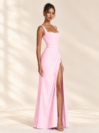 Square Neck Satin Sleeveless Ruched Prom Dress with High Slit