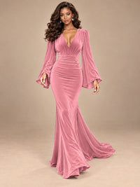Burgundy Velvet Deep V-Neck Ruched Long Sleeve Maxi Dress