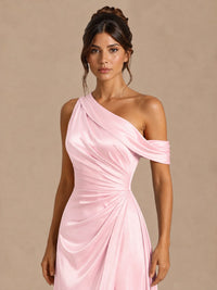 Satin One Shoulder Prom Dress Ruched Long Formal Evening Gown