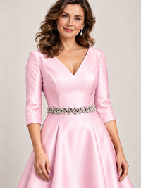 V-Neck Tea-Length Mother of the Bride Dress with Embellished Waist
