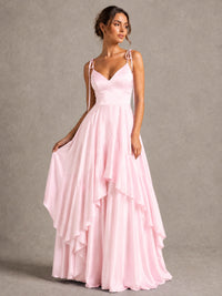 Lavender Satin V-Neck Ruffle Maxi Dress