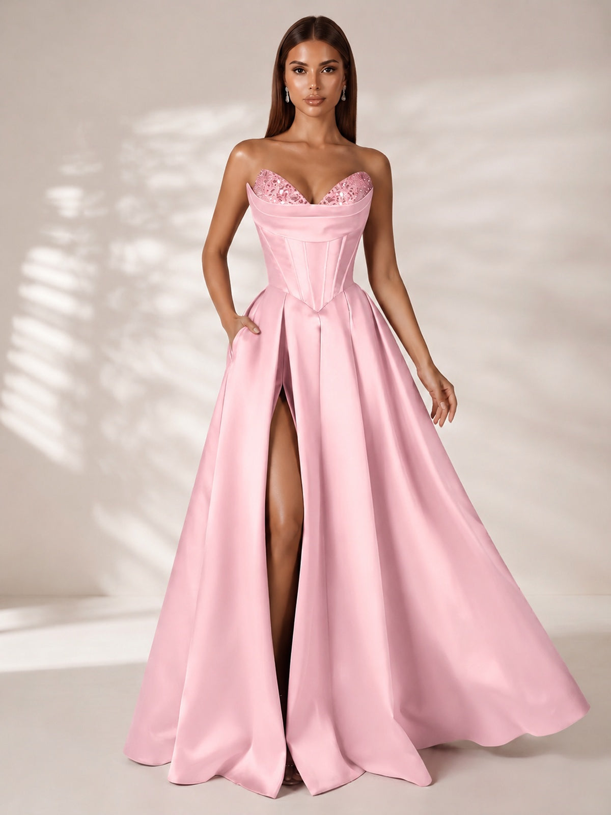 Strapless Corset Satin Prom Dress Long Evening Gown with High Slit