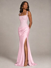 Scoop Neck Sequin Prom Dress with High Slit Satin Formal Gowns