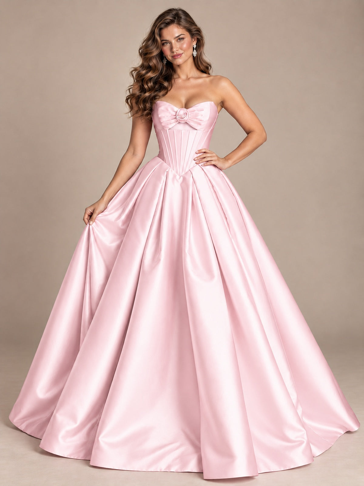 Pink Strapless Corset Satin Prom Derss & Ball Gown with 3D Floral