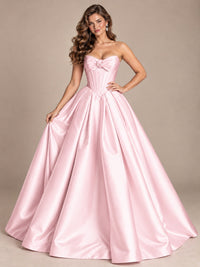 Pink Strapless Corset Satin Prom Derss & Ball Gown with 3D Floral